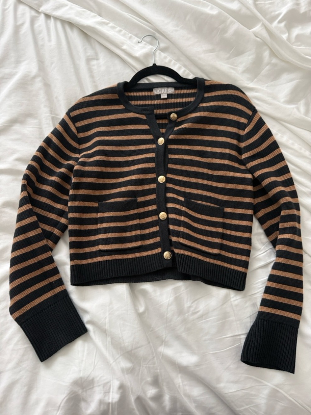 J. Crew Black and Brown Striped Cropped Button Cardigan